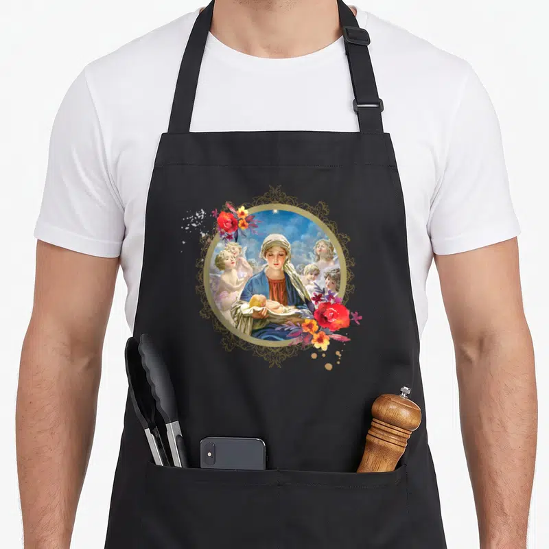 Star christmas apron - Watercolor Virgin Mary Baby Jesus gold frame angels red flowers blue sky — shown on a black cotton canvas apron against a white background
