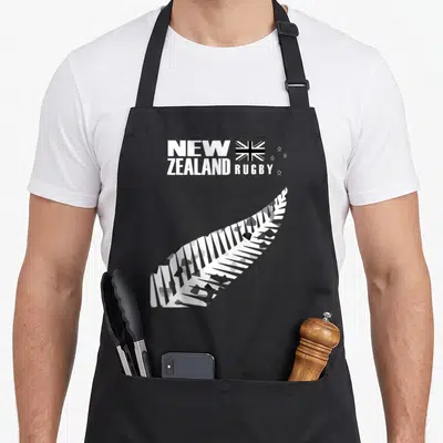 Rugby new zealand apron - Camo silver fern and New Zealand Rugby text on black bib — shown on a black cotton canvas apron against a white background
