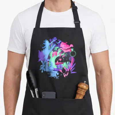 Neon alice wonderland apron - Circular paper cut silhouette art of Alice characters in purple blue pink and green — shown on a black cotton canvas apron against a white background