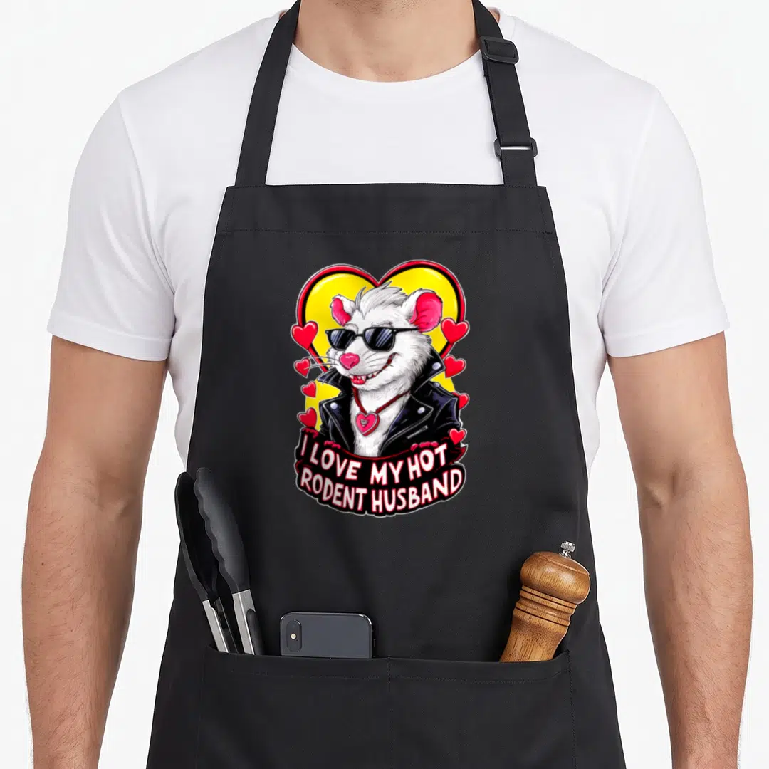 Mice husband apron - Cartoon rat in sunglasses and leather jacket with yellow heart and red banner text — shown on a black cotton canvas apron against a white background