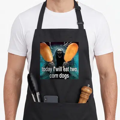 Eat dog apron - Grim reaper holding two orange corn dogs with white text overlay — shown on a black cotton canvas apron against a white background