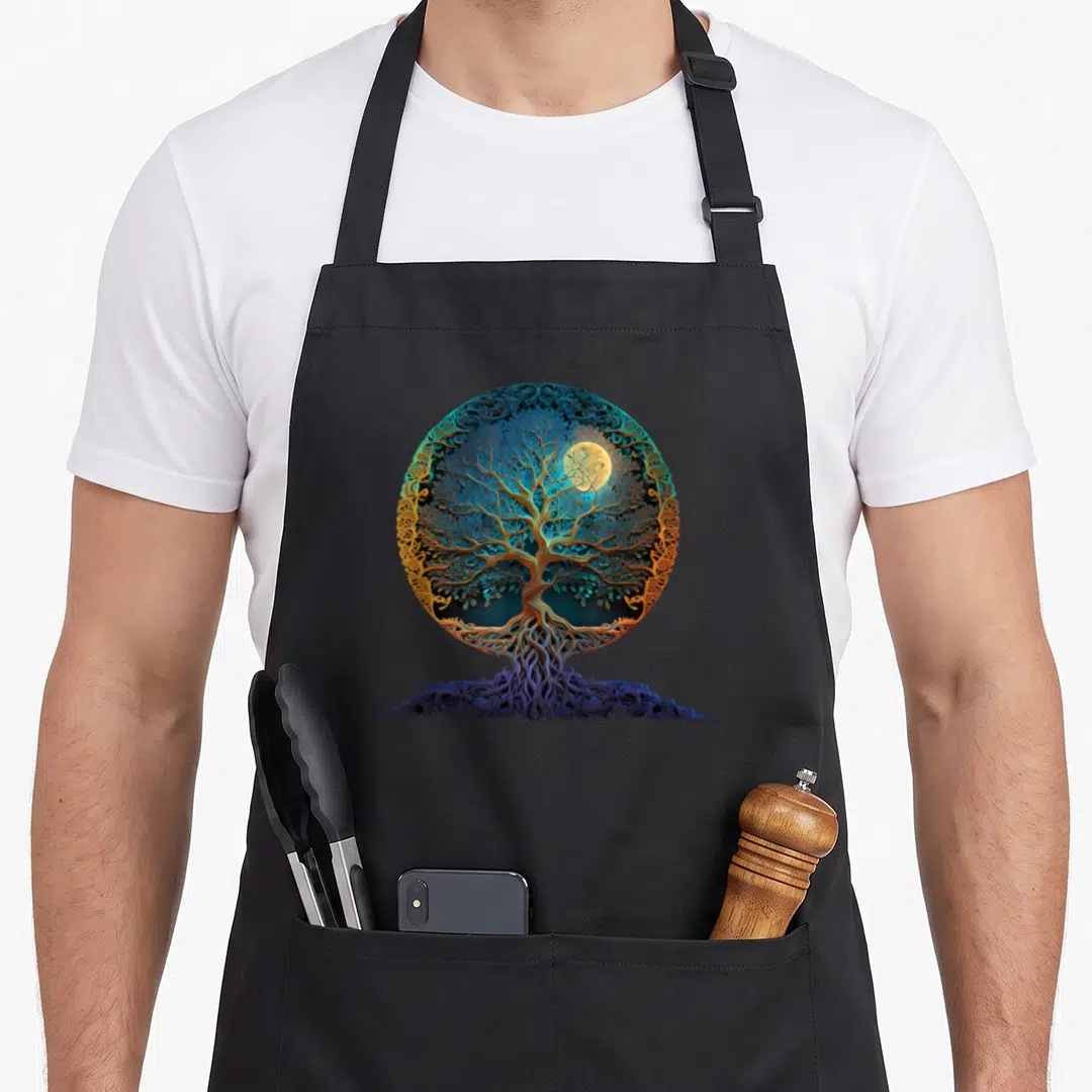 Namaste tree apron - Stylized tree in circle with moon, blue orange yellow cartoon art — shown on a black cotton canvas apron against a white background
