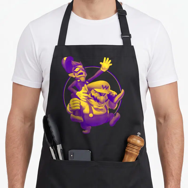 Waluigi holiday apron - Purple and yellow cartoon Wario with Waluigi leaning over his back inside a circle — shown on a black cotton canvas apron against a white background