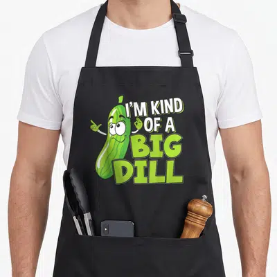 Vegan pickle apron - Cartoon green pickle character pointing next to stacked text reading I'M KIND OF A BIG DILL — shown on a black cotton canvas apron against a white background