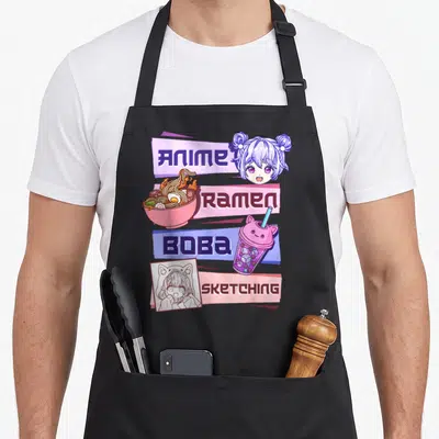 Ramen boba anime apron - Stacked purple pink blue banners with anime girl ramen bowl boba cup and sketch illustration — shown on a black cotton canvas apron against a white background