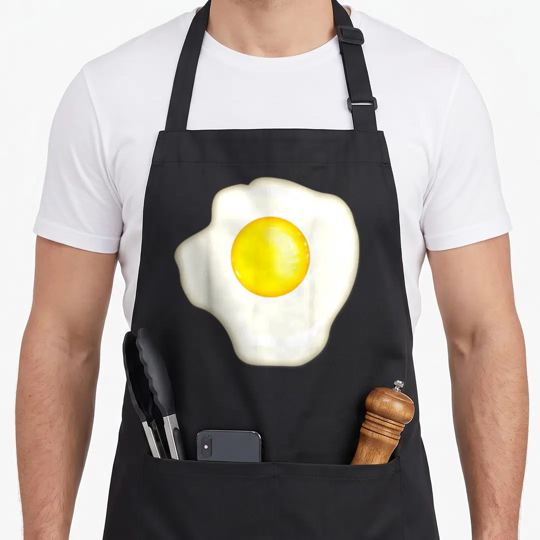 Sunny egg apron - Realistic fried egg with white albumen and yellow yolk centered on fabric — shown on a black cotton canvas apron against a white background