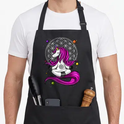 Zen unicorn apron - Cartoon unicorn meditating in lotus pose with pink mane and geometric circle background — shown on a black cotton canvas apron against a white background