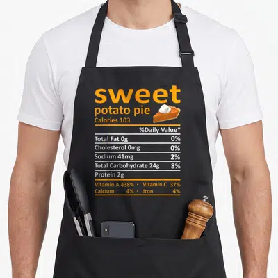 Sweet pie apron - Orange and white nutrition label for sweet potato pie with a slice topped with cream — shown on a black cotton canvas apron against a white background