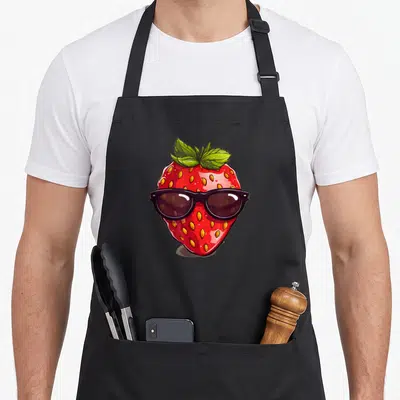 Pretty strawberry apron - Red cartoon strawberry wearing black sunglasses with green leafy top on black background — shown on a black cotton canvas apron against a white background