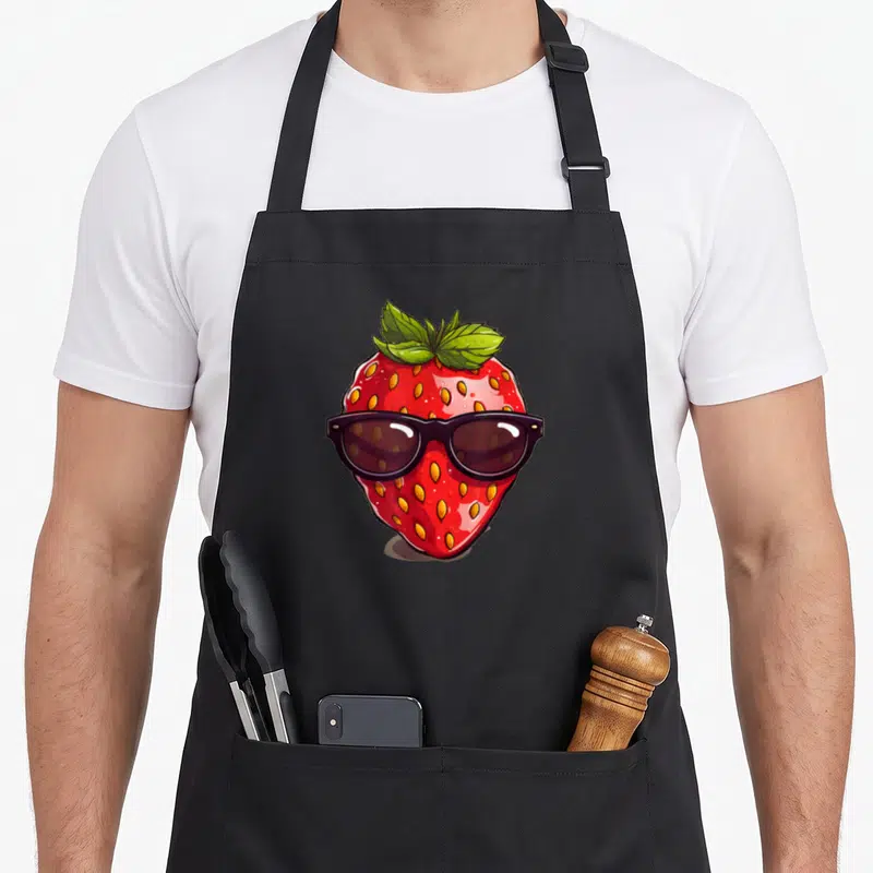 Pretty strawberry apron - Red cartoon strawberry wearing black sunglasses with green leafy top on black background — shown on a black cotton canvas apron against a white background