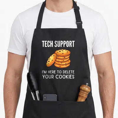 Tech cookies apron - Stack of orange cartoon cookies with white tech support delete cookies text — shown on a black cotton canvas apron against a white background