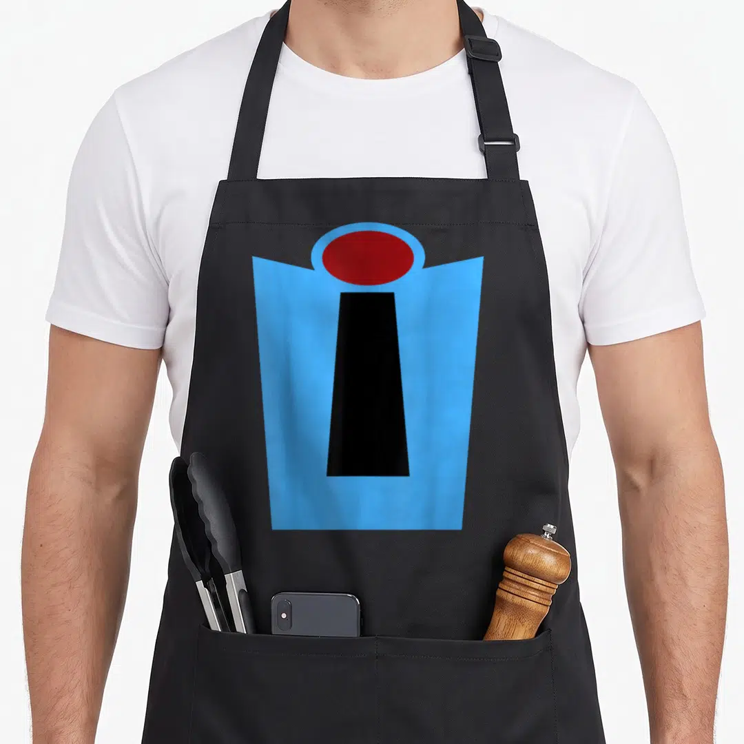 Suit halloween apron - Abstract geometric shape with red oval, black trapezoid, and blue outline — shown on a black cotton canvas apron against a white background