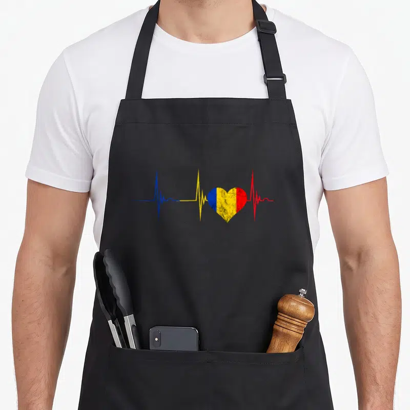 Heartbeat romanian apron - Minimalist ECG line in blue yellow red with a vertically striped flag heart in center — shown on a black cotton canvas apron against a white background