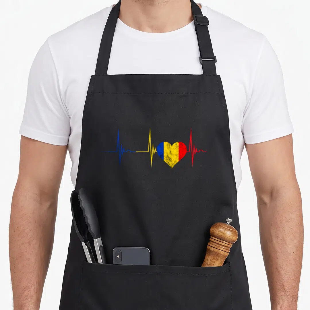 Heartbeat romanian apron - Minimalist ECG line in blue yellow red with a vertically striped flag heart in center — shown on a black cotton canvas apron against a white background