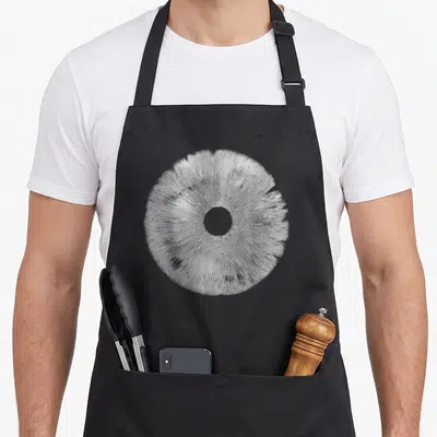 Spore mushroom apron - White circular radiating line art with central hole on black fabric — shown on a black cotton canvas apron against a white background