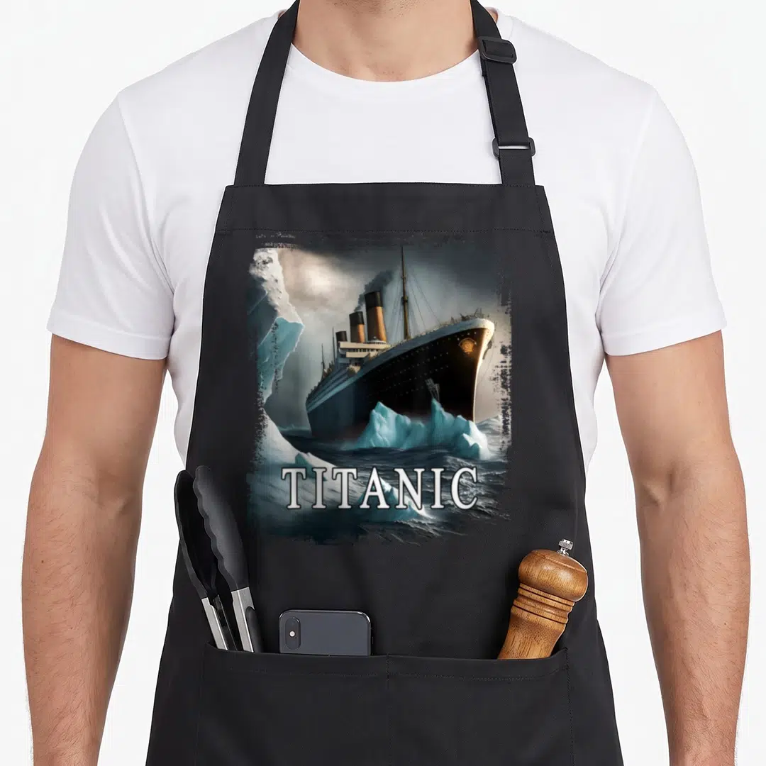 Titanic boat girl apron - Realistic ship colliding with blue icebergs in dark water, enclosed in a distressed frame — shown on a black cotton canvas apron against a white background