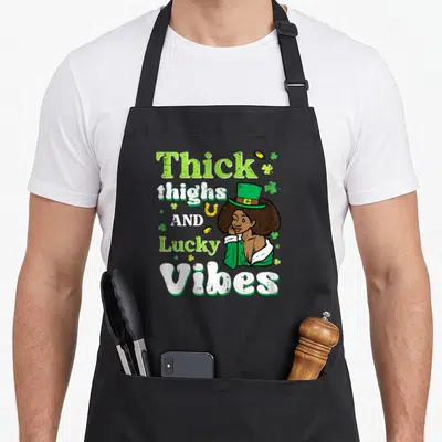 Patrick thick aprons - Cartoon woman in green hat with Thick thighs AND Lucky Vibes text and gold coins — shown on a black cotton canvas apron against a white background