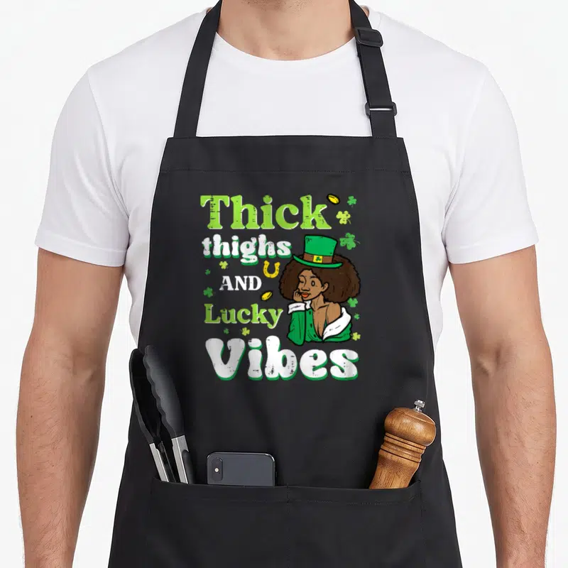 Patrick thick aprons - Cartoon woman in green hat with Thick thighs AND Lucky Vibes text and gold coins — shown on a black cotton canvas apron against a white background
