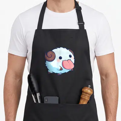 Tongue flying apron - Cartoon ram with pink tongue, blue wool, brown horns, and rosy cheeks — shown on a black cotton canvas apron against a white background