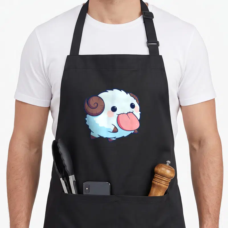 Tongue flying apron - Cartoon ram with pink tongue, blue wool, brown horns, and rosy cheeks — shown on a black cotton canvas apron against a white background