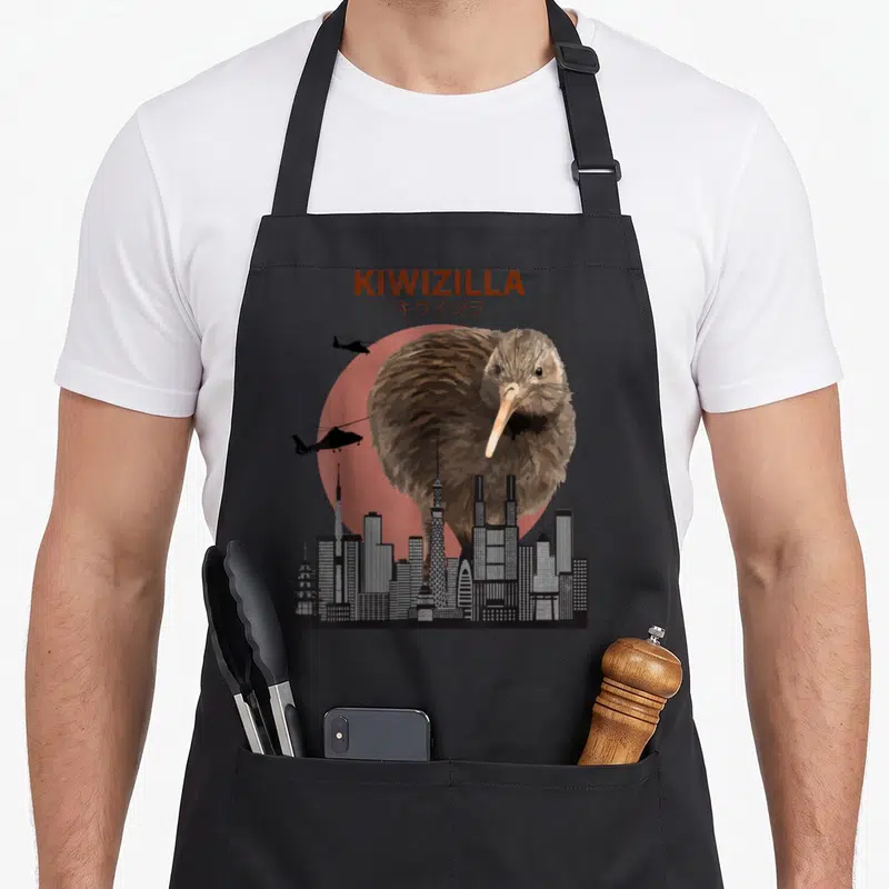 Bird new zealand apron - Giant brown kiwi bird behind black city skyline and red sun with KIWIZILLA text — shown on a black cotton canvas apron against a white background