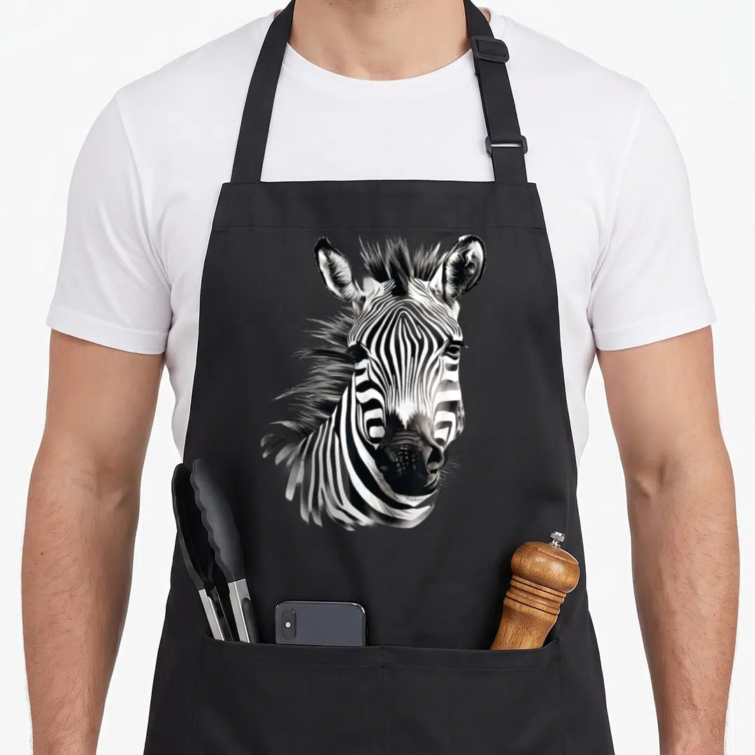 Zebra animal print apron - Realistic black and white zebra head illustration centered on apron front — shown on a black cotton canvas apron against a white background