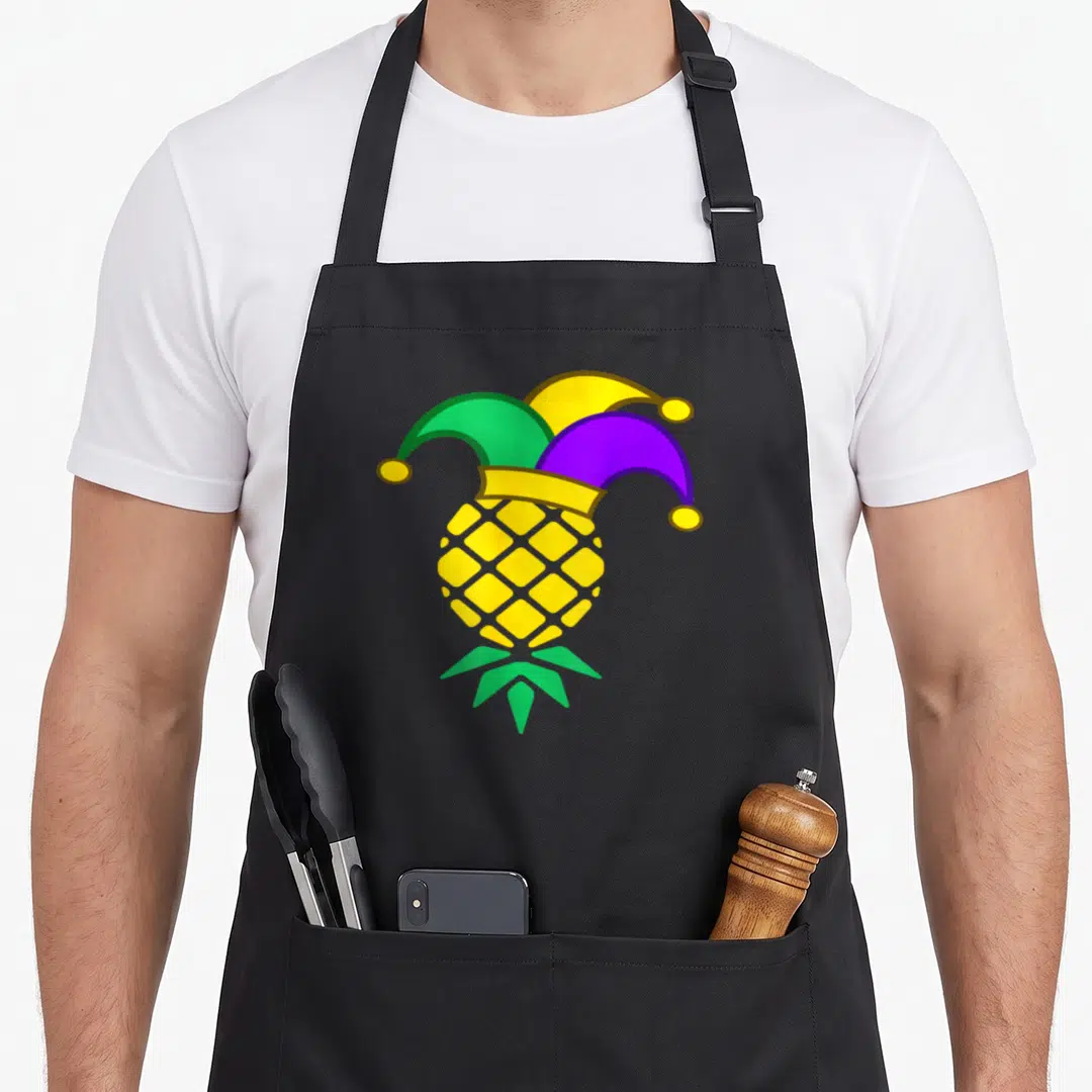 Upside fat chef apron - Inverted yellow pineapple wearing a purple green and yellow jester hat — shown on a black cotton canvas apron against a white background
