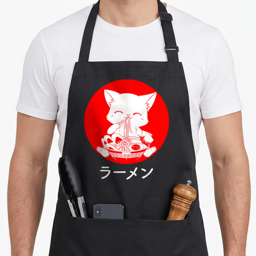 Neko kawaii cat apron - White cat eating ramen in red circle with Japanese katakana text below — shown on a black cotton canvas apron against a white background