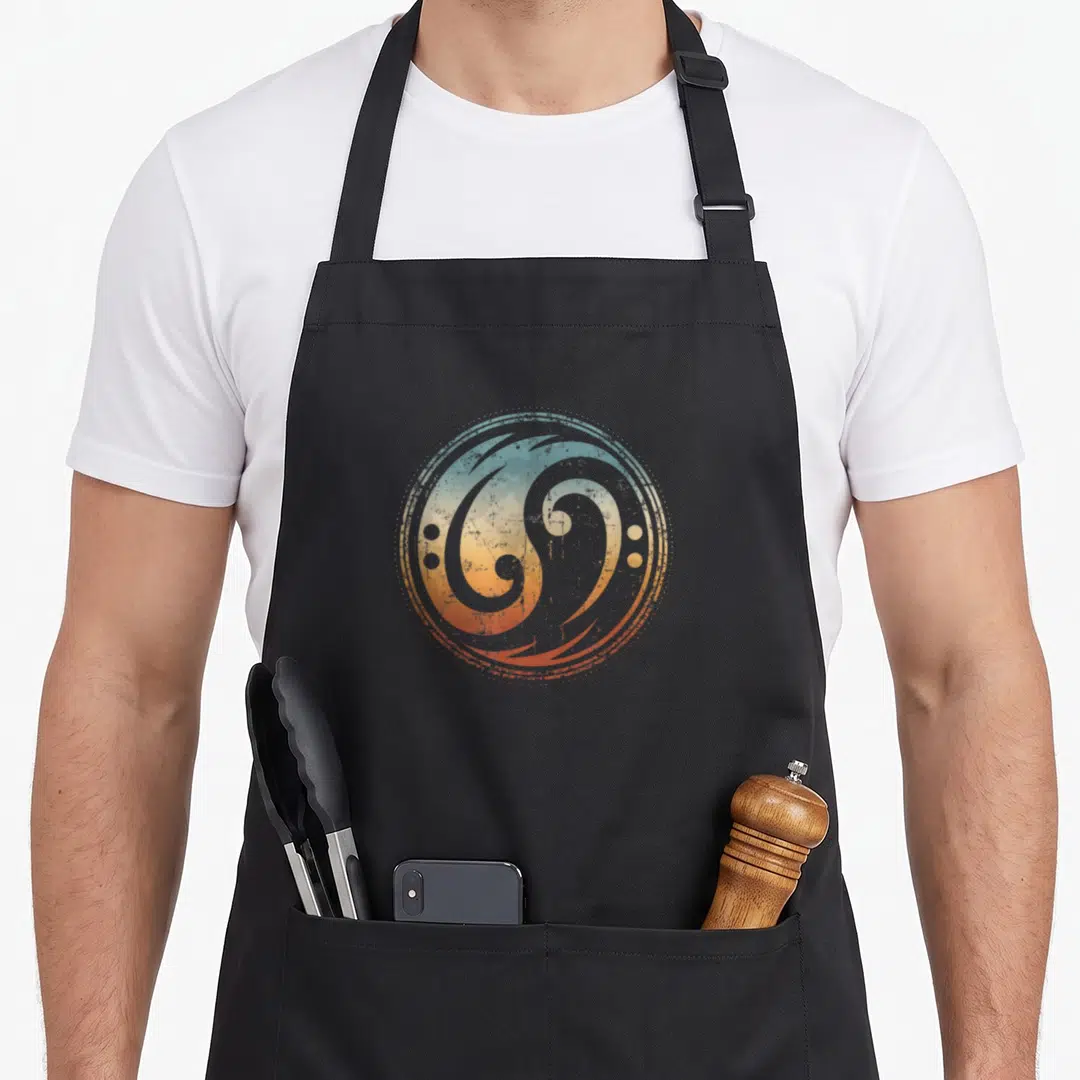 Guitar bassist apron - Retro yin yang bass clef design with blue orange gradient and grey swirls — shown on a black cotton canvas apron against a white background