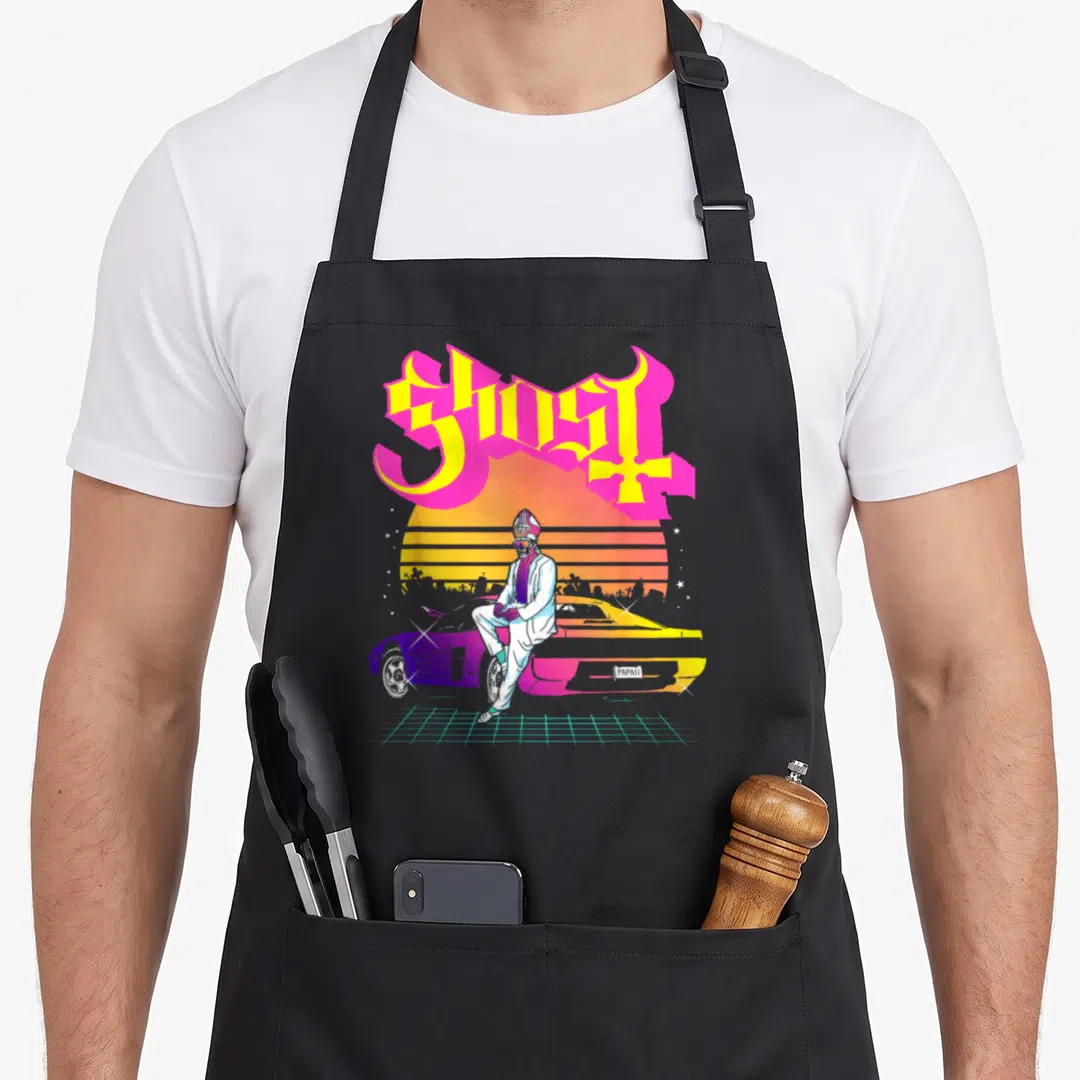 Papa ghost apron - Retro person on car with GHOST text in yellow and pink over sunset grid — shown on a black cotton canvas apron against a white background