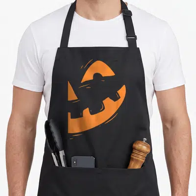 Jack lantern pumpkin halloween apron - Minimalist orange pumpkin with grey jet silhouette negative space design — shown on a black cotton canvas apron against a white background