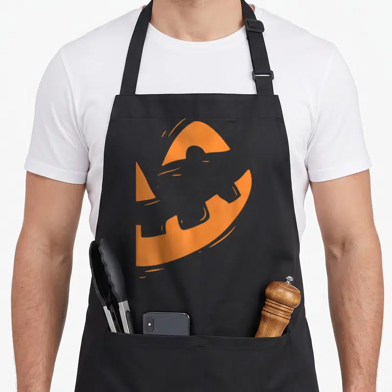 Jack lantern pumpkin halloween apron - Minimalist orange pumpkin with grey jet silhouette negative space design — shown on a black cotton canvas apron against a white background