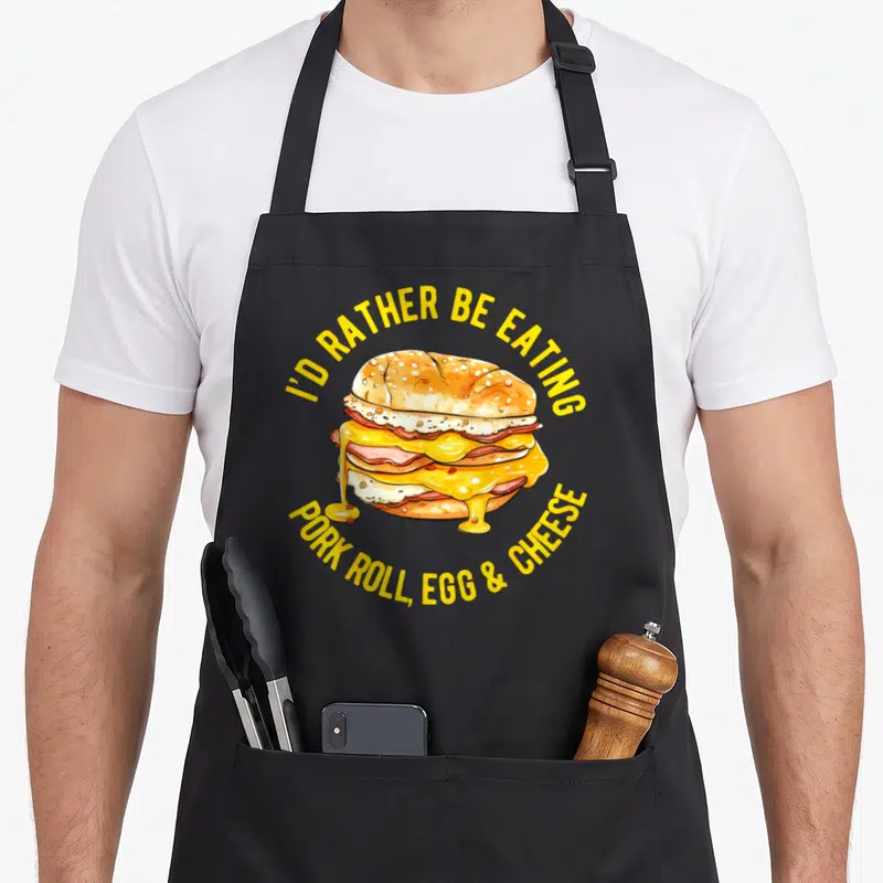 Pork egg apron - Cartoon sandwich with yellow text I'D Rather Be Eating Pork Roll Egg Cheese — shown on a black cotton canvas apron against a white background