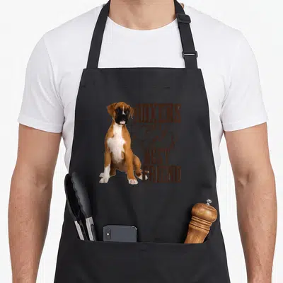 Friend boxer dog apron - Brown and white boxer puppy sitting next to stacked brown text reading Boxers Are A Girl's — shown on a black cotton canvas apron against a white background