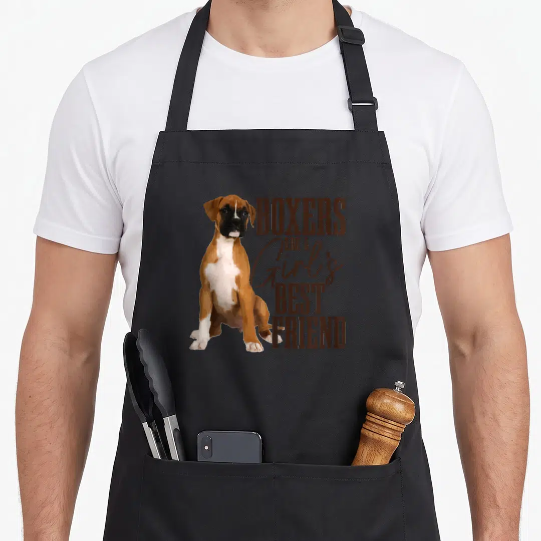Friend boxer dog apron - Brown and white boxer puppy sitting next to stacked brown text reading Boxers Are A Girl's — shown on a black cotton canvas apron against a white background