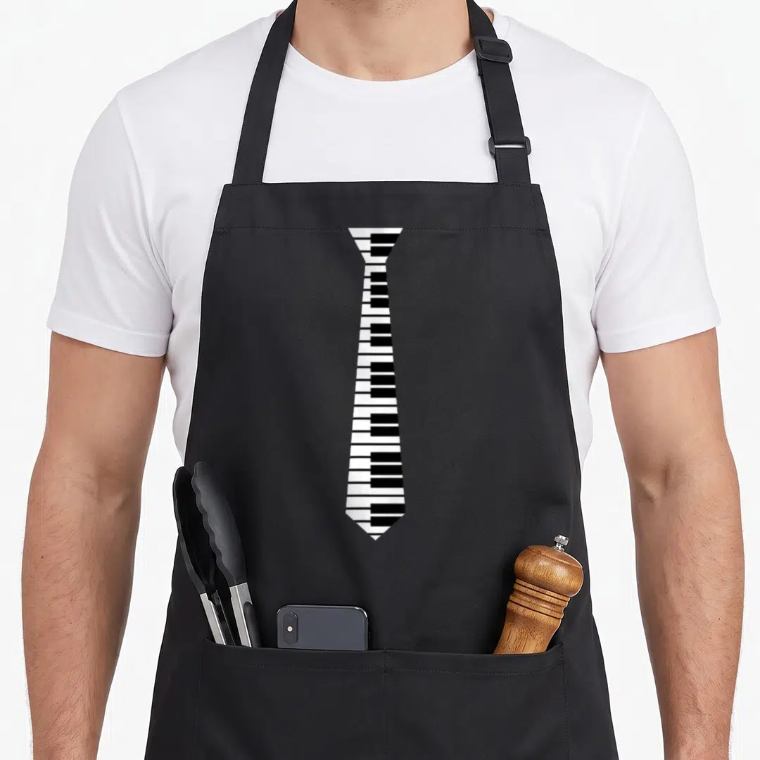 Piano tie apron - Vertical necktie shape filled with white and black piano keys in minimalist style — shown on a black cotton canvas apron against a white background