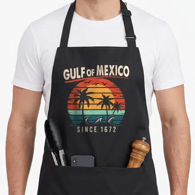 Vintage gulf mexico apron - Retro sunset with palm trees and waves under arched text reading GULF of MEXICO SINCE 1672 — shown on a black cotton canvas apron against a white background