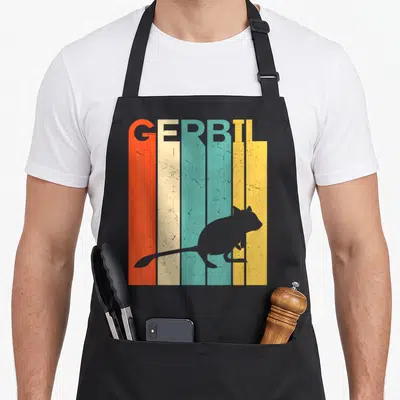 Silhouette gerbil lover apron - Grey gerbil silhouette over red cream teal and yellow distressed stripes with GERBIL — shown on a black cotton canvas apron against a white background
