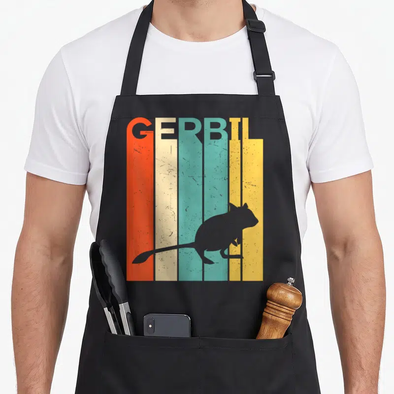 Silhouette gerbil lover apron - Grey gerbil silhouette over red cream teal and yellow distressed stripes with GERBIL — shown on a black cotton canvas apron against a white background
