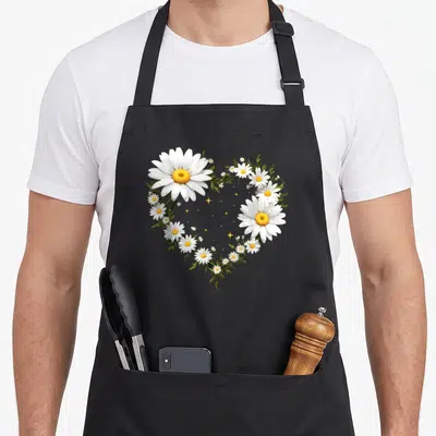 Outline daisy apron - Heart shape formed by white daisies, green leaves, and yellow sparkles — shown on a black cotton canvas apron against a white background