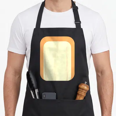 Mum dog apron - Orange and cream rectangular block design on black bib apron — shown on a black cotton canvas apron against a white background
