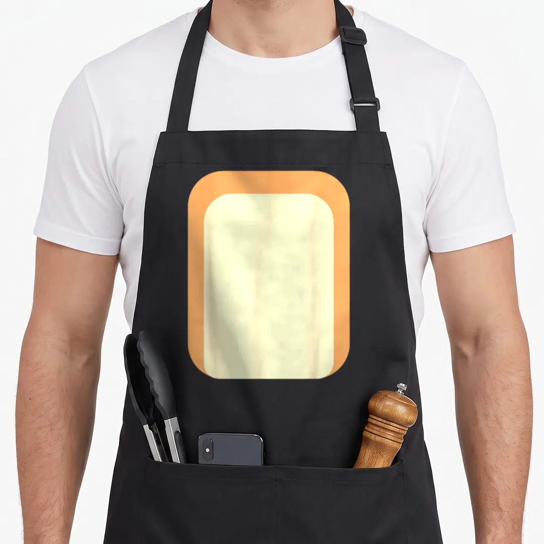 Mum dog apron - Orange and cream rectangular block design on black bib apron — shown on a black cotton canvas apron against a white background
