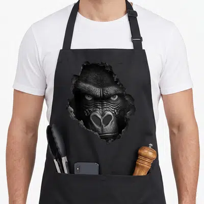 Gorilla animal print apron - Realistic gorilla face emerging from torn grey paper in black and white — shown on a black cotton canvas apron against a white background