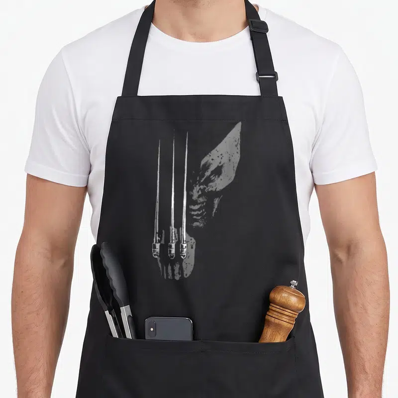 Wild face apron - Three vertical white claw marks extending from a grey hand silhouette — shown on a black cotton canvas apron against a white background