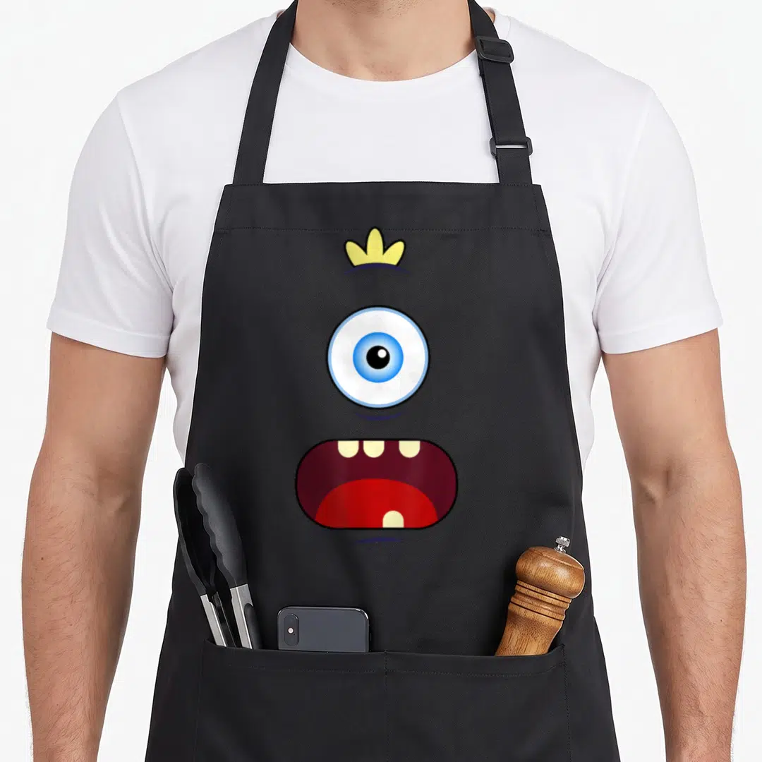 Eyed monster halloween apron - Cartoon grey one-eyed monster face with yellow crown and red open mouth showing teeth — shown on a black cotton canvas apron against a white background