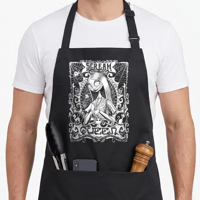 Portrait christmas apron - White line-art of Sally holding scissors with SCREAM QUEEN text and ornamental frame — shown on a black cotton canvas apron against a white background