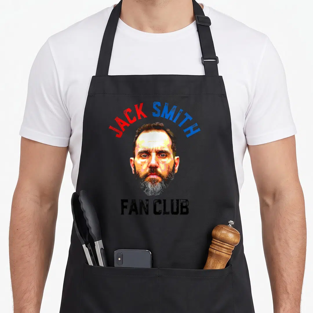 Political american flag apron - Distressed portrait of man with arched red and blue JACK SMITH text and black FAN CLUB — shown on a black cotton canvas apron against a white background