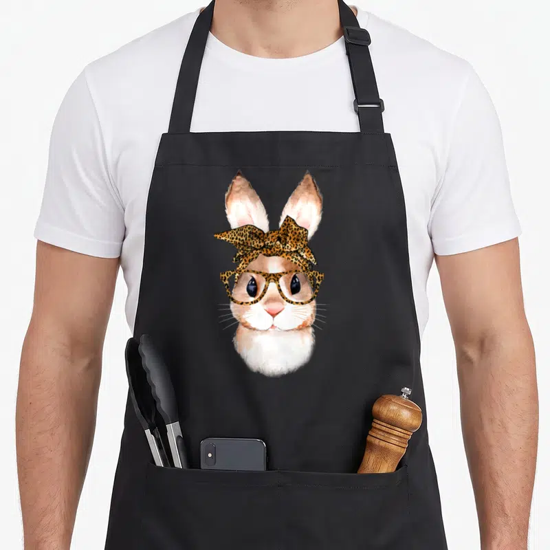 Leopard easter bunny aprons - Watercolor rabbit head wearing leopard print glasses and bow tie in brown and tan tones — shown on a black cotton canvas apron against a white background