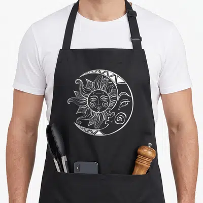 Space constellations apron - White line art of a sun with a face inside a crescent moon with a face — shown on a black cotton canvas apron against a white background