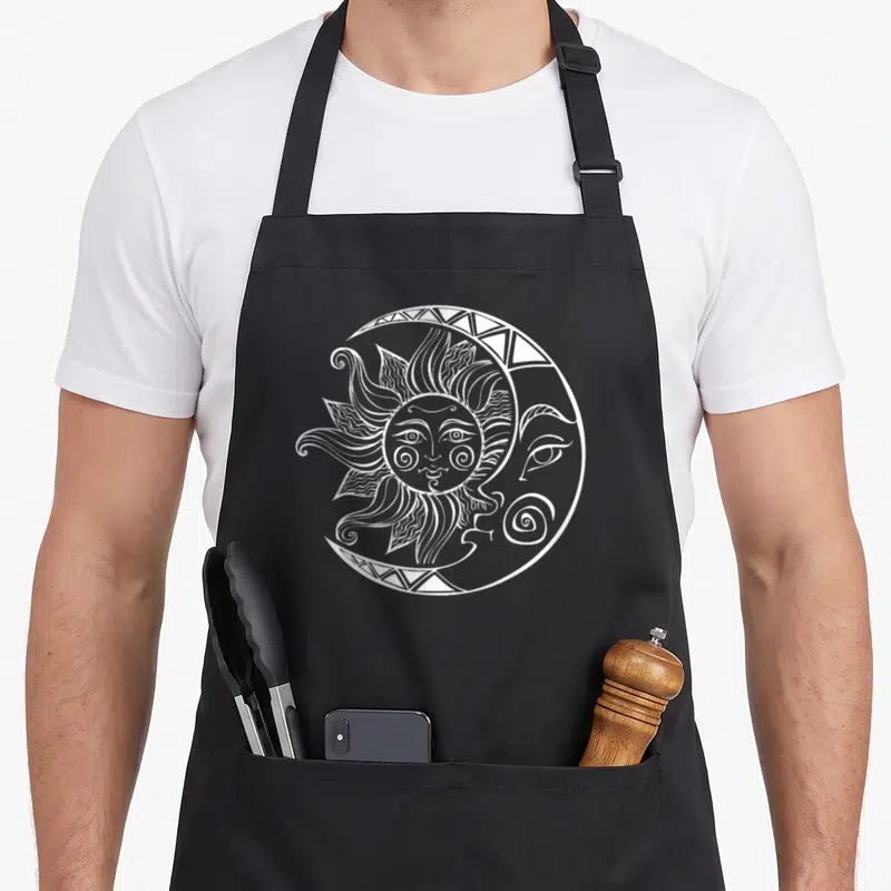 Space constellations apron - White line art of a sun with a face inside a crescent moon with a face — shown on a black cotton canvas apron against a white background